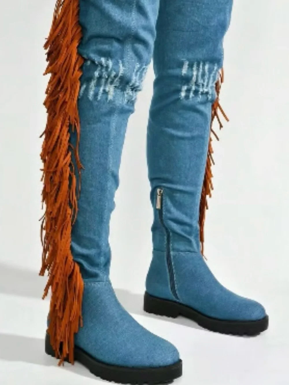 NEW Cape Robbin Distressed Denim Fringe Over The Knee Western Lug Sole Boots